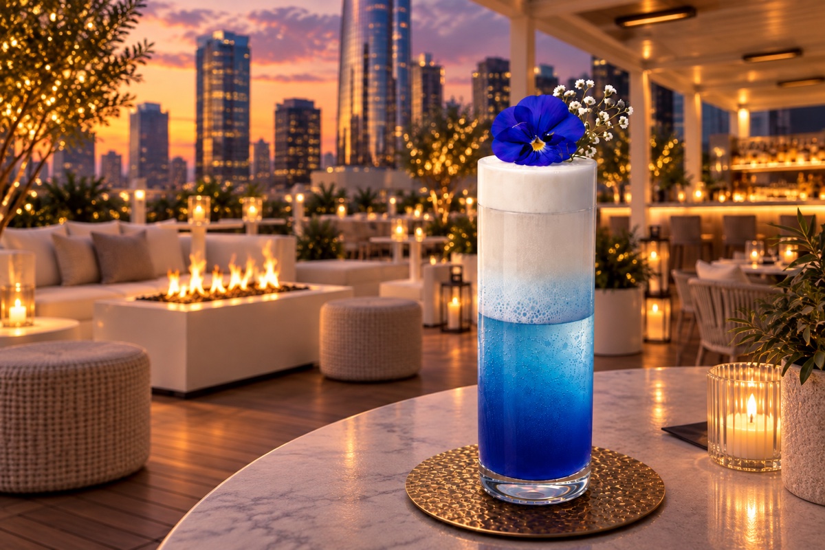 Illustration of a blue cocktail with a floral garnish against a rooftop sunset.