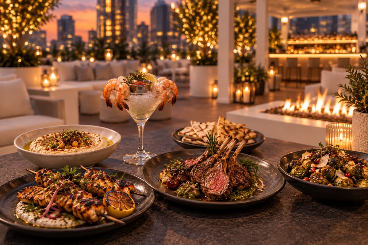 Illustration of shared dishes arranged on a rooftop table at golden hour.