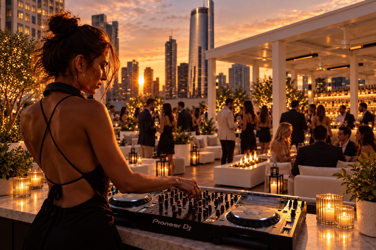 Illustration of a DJ playing above the Atlanta skyline at sunset.