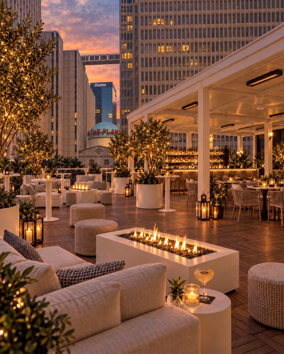 Rooftop lounge seating around a glowing fire table, with string-lit trees and the city beyond.