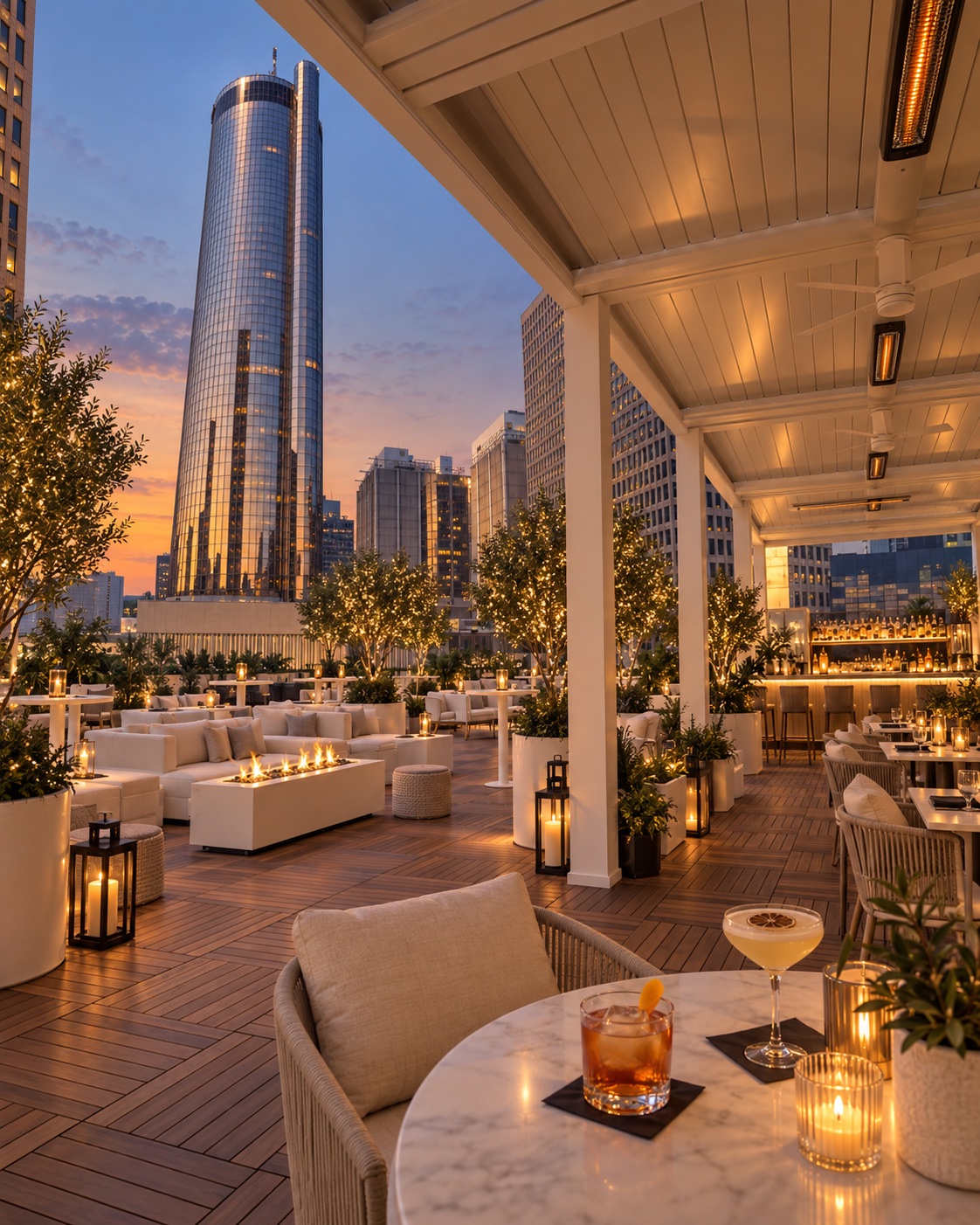 Atlanta skyline at sunset beside a warmly lit rooftop bar, lounge seating and cocktails.
